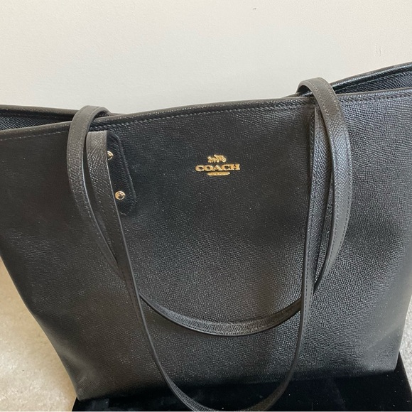 Coach Handbags - Coach Black Leather Tote with Gold Logo Accent